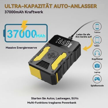 Пусковий пристрій (бустер) для авто 3000A з компресором 150 PSI, портативний Powerbank для PKW, SUV, дизель до 8L, з LED-ліхтарем та PD