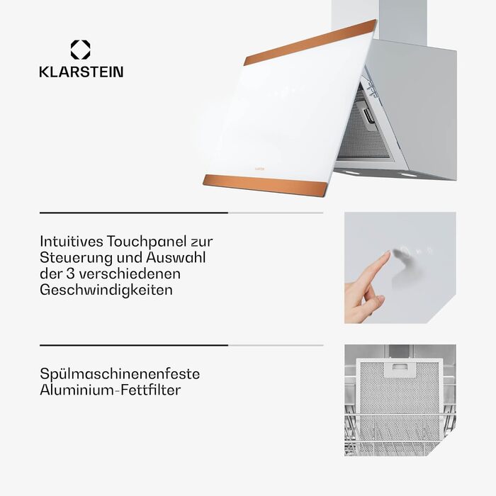 Витяжка кухонна Klarstein FlashLine 60, 60 см, сенсорне керування, продуктивність 524 м³/год, клас енергоефективності A++, LED-освітлення, низький рівень шуму 34,5 дБ, білий/мідний, режим відведення та рециркуляції повітря