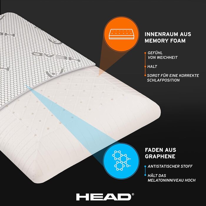 Подушка ортопедична з піни Memory Foam та графеном HEAD Active Rest 42x72 см для шиї та голови, антистатична, підвищує рівень мелатоніну