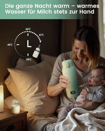 Портативний підігрівач для дитячих пляшечок 100W, бездротовий USB-C, сталь 316L, 500 мл, BPA-free, світло-зелений