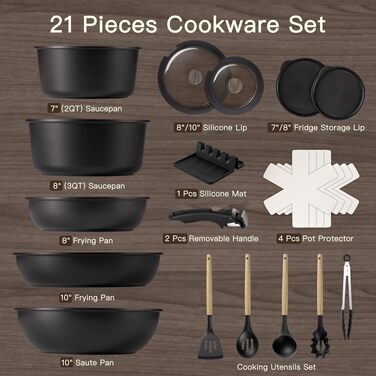 Набір посуду Astercook 21 предмет: каструлі та сковороди з керамічним антипригарним покриттям, знімні ручки, для індукції, духовки, кемпінгу, чорний
