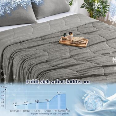 Охолоджуюча ковдра PHF для літа 220x240 см, технологія Advanced Arc-Chill (Q-Max>0,4), двостороння стібана легка ковдра для ліжка, антрацит