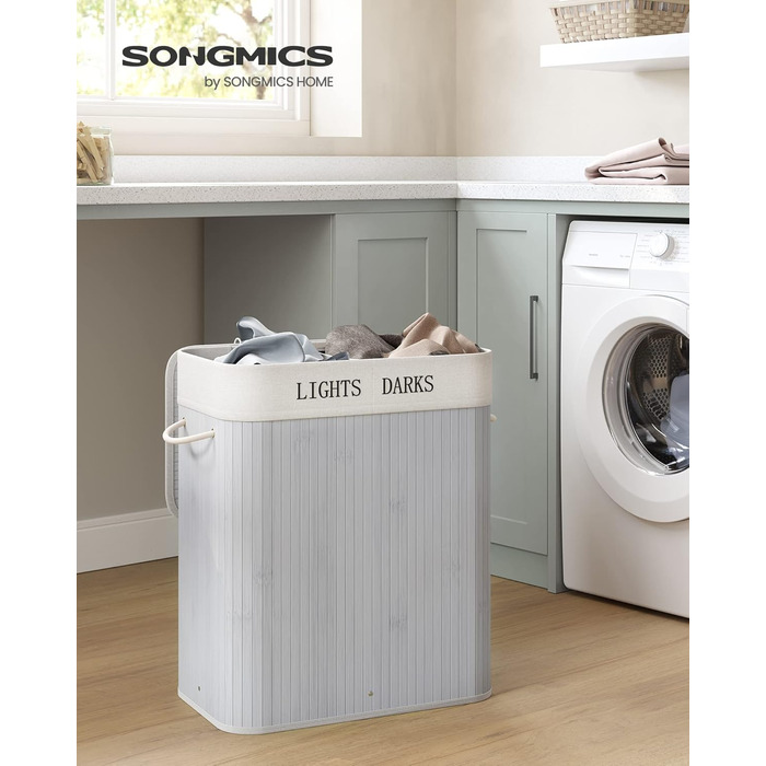 Сортувальний кошик для білизни SONGMICS 100 л, 2 відділення, бамбуковий, з кришкою, ручками, складаний, знімний мішок, машинне прання, сірий