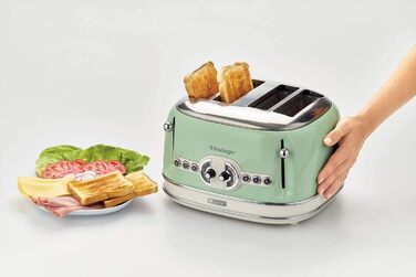 Тостер Ariete Vintage 156 на 4 тости, 1600 Вт, ретро дизайн, 6 режимів підсмажування, автоматичний викид, функція розморожування, знімний піддон для крихт, корпус із нержавіючої сталі, зелений