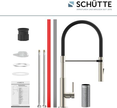 Змішувач кухонний Schütte 23138 Design з висувним шлангом Soft Touch, поворотний на 360°, нержавіюча сталь/чорний