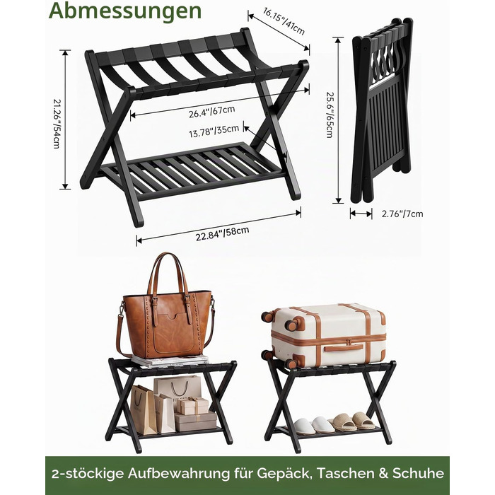 Складана підставка для валізи SMIBUY з бамбука з полицями, підставка для багажу для готелів, спальні та гостьових кімнат, посилена (чорна)