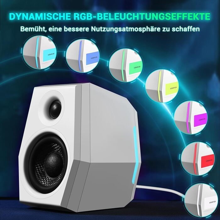 Sanyun SW209 - Комп'ютерні ігрові колонки 36W з RGB-підсвічуванням, Bluetooth 5.2, USB/AUX, 3 режими EQ (Гра/Фільм/Музика), 2.75