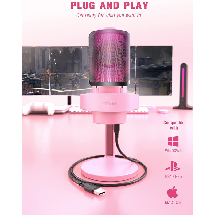 USB мікрофон FIFINE для ПК, ігор, стрімінгу та подкастів з RGB підсвічуванням, кнопкою вимкнення звуку, виходом для навушників і поп-фільтром, сумісний з PS4, PS5 та Mac
