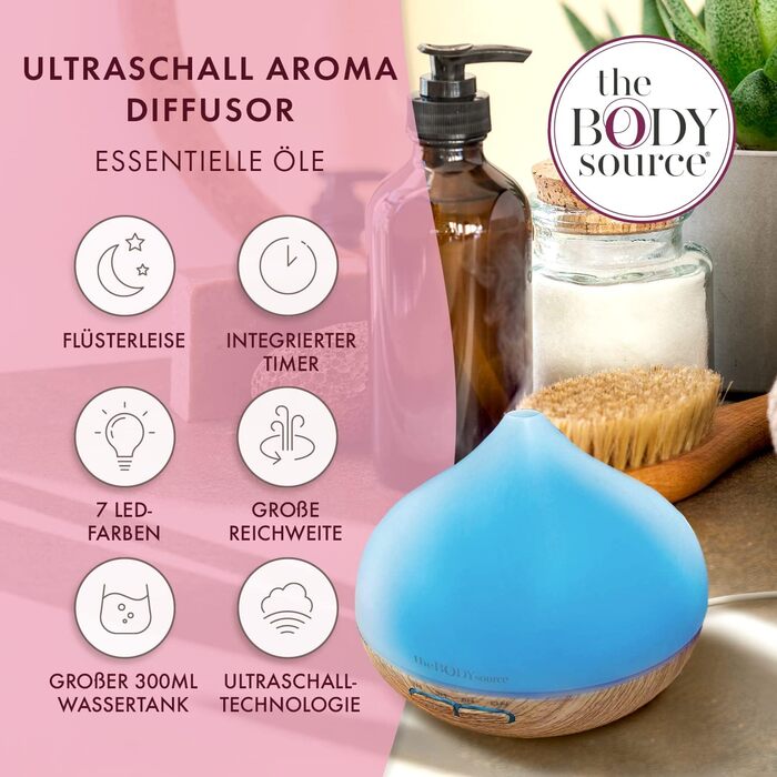 Ультразвуковий аромадифузор The Body Source 300 мл з LED-підсвіткою, таймером і зволожувачем повітря для ефірних олій — ароматерапія для дому, офісу, спа