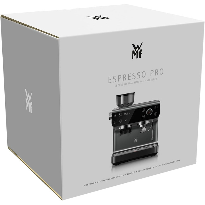 Напівавтоматична кавомашина WMF Espresso Pro з вбудованою кавомолкою, 15 бар, інтегрованими вагами та технологією Double-Thermoblock, колір стіле-сірий