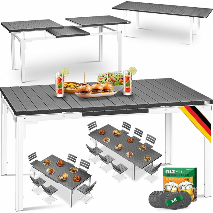 Розкладний садовий стіл KESSER® 180/240x90 см для 8 осіб. Стіл з розширенням, сталеве покриття, HDPE стільниця, стійкий до погодних умов та УФ-випромінювання. В комплекті 6 підставок з фетру (антрацит/білий).