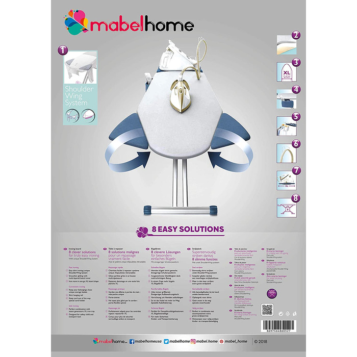 Прасувальна дошка Mabel Home Extra-Wide з крилами для плечей, 8 функцій + додатковий чохол, сірого кольору