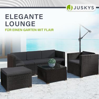 Садовий комплект меблів Juskys Polyrattan Punta Cana для 4-5 осіб: диван, крісло, пуф, стіл, подушки - чорний/сірий