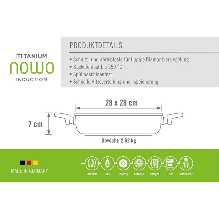 Сковорода Woll Nowo Titanium 28x28 см, квадратна, алюмінієва, антипригарна, для всіх плит, з 2 ручками, індукційна, підходить для духовки, чорна