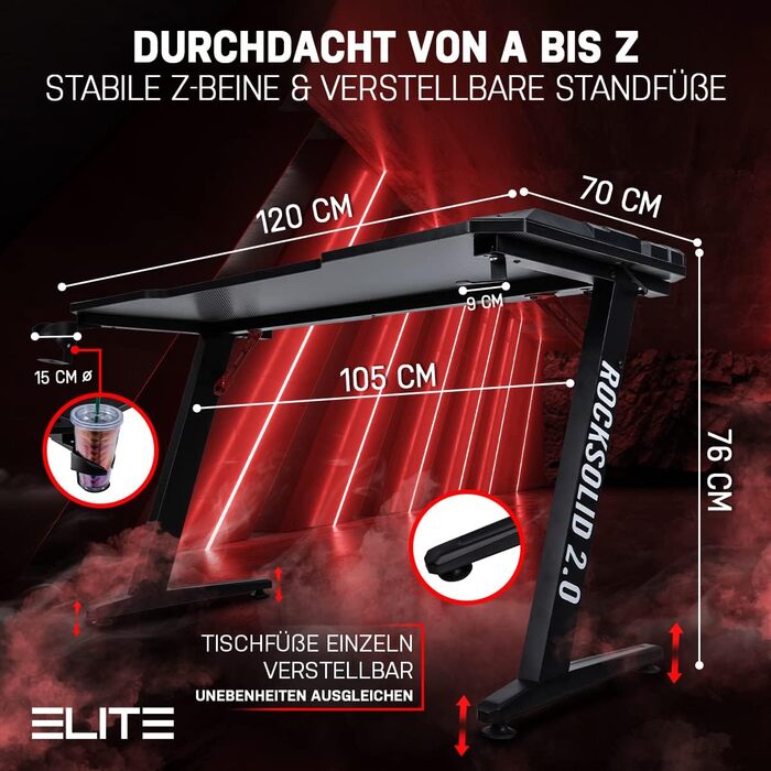 Ігровий стіл ELITE Rocksolid 2.0 чорний RGB з LED-підсвічуванням, тримачем для гарнітури та напоїв, органайзером для кабелів, комп'ютерний стіл для геймерів