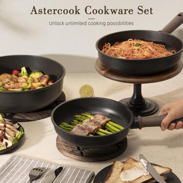 Набір посуду Astercook 19 предметів: антипригарні каструлі та сковорідги з титановим покриттям для індукційних плит, без ПФОА та ПТФЕ, чорний