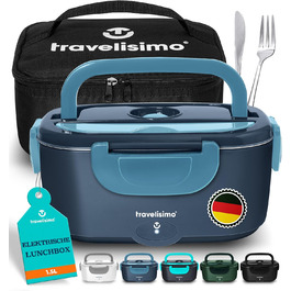 Електрична ланчбокс TRAVELISIMO 80W, 1,5L, 3-в-1, для авто/вантажівки, 12V/24V/220V, мікрохвильова функція, темно-синій