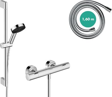 Змішувач Hansgrohe Ecostat Fine для ванни з термостатом (40°C) та двома виходами, комплект з душовою лійкою та штангою (65 см), хром