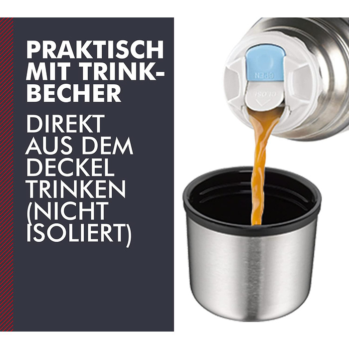 Термос для напоїв THERMOS Light & Compact 1 л, нержавіюча сталь, червоний, ізольована пляшка з чашкою, зберігає тепло до 12 годин, холод до 24 годин, герметичний, BPA-free, можна мити в посудомийці