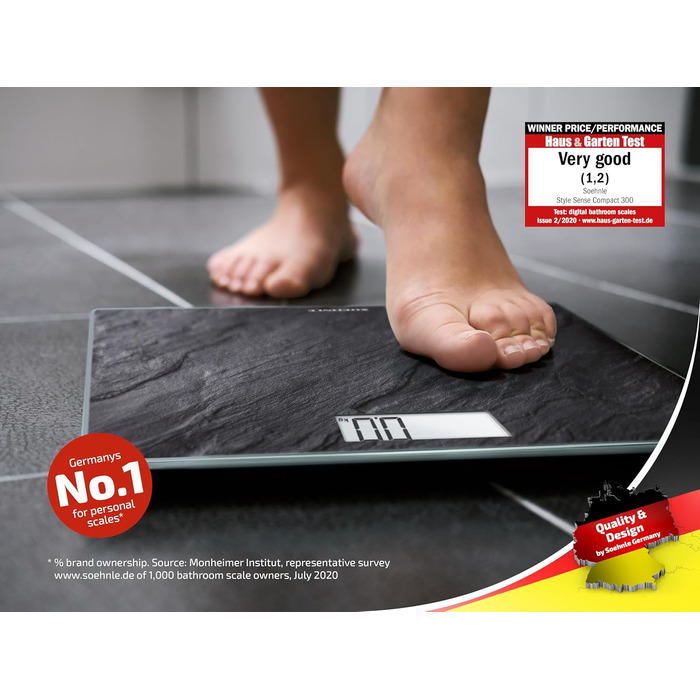 Електронна вага Soehnle Style Sense Compact 300 Slate, чорна, до 180 кг, LCD-дисплей, велика платформа, ультратонкий дизайн