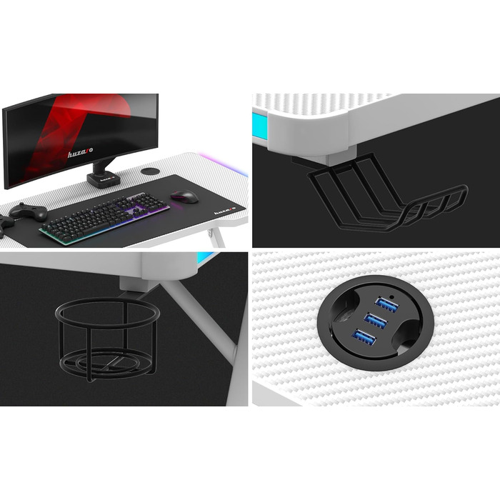 Геймерський стіл Huzaro Hero 2.5 120x60 см, RGB LED підсвітка, USB, тримачі для напоїв і навушників, карбонова стільниця, чорний