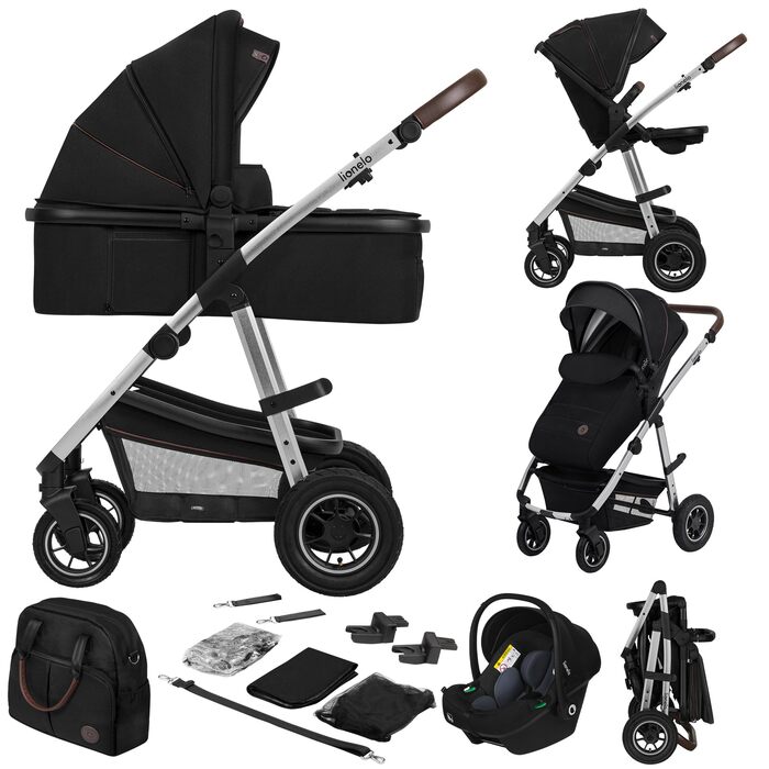 Коляска Lionelo Amber 3-в-1: люлька, автокрісло i-Size, прогулянкове сидіння, повітряні колеса, поворотне сидіння, XXL капюшон UPF 50+, сумка, москітна сітка, дощовик, чорно-срібна