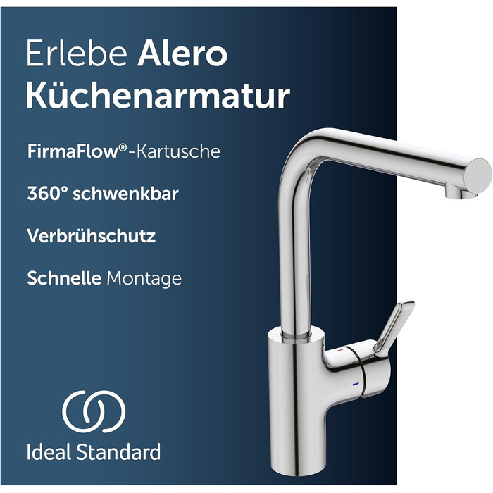 Змішувач кухонний Ideal Standard Alero з висувним душем, поворотний 360°, економія води 12 л/хв, хром (L-винос)
