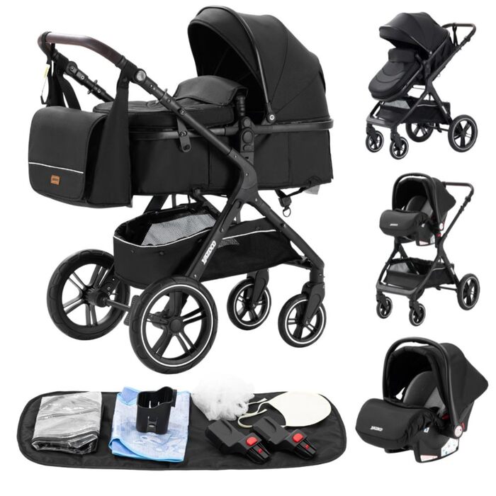 Дитяча коляска YAZOCO 3 в 1: Buggy, Babybett, Комплект. Легка, складається одним кліком, алюмінієвий каркас, для новонароджених, чорна.