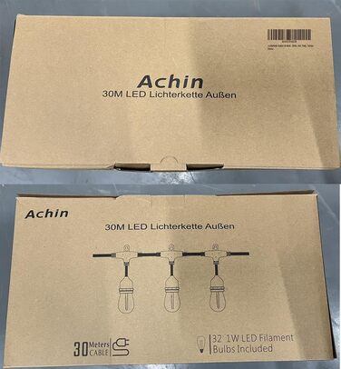 LED гірлянда Achin 15M для зовнішнього використання, тепле біле світло 2700K, 25+2 лампочки G40 E12, диммування, для саду, вечірки, тераси