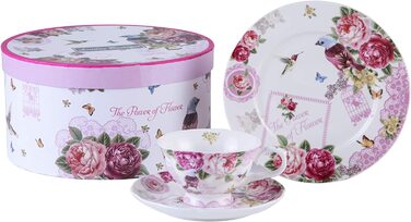 Порцеляновий набір для чаювання London Boutique: 3 чашки з блюдцями та десертні тарілки, вінтажний шеббі-шик, подарункова коробка (пташка, троянда, метелик)