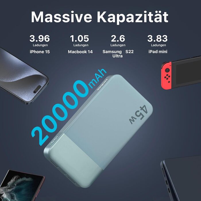 Power Bank Nobis 20000mAh, 45W з кабелем USB-C, Digital Display, для Android, Laptop, Phone (Блакитний)