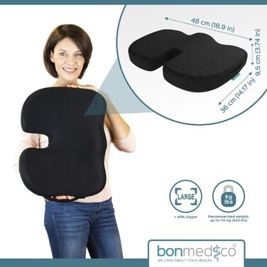 Ортопедична подушка для сидіння bonmedico з гелем та піною Memory Foam, ергономічна для авто, офісного та інвалідного крісла, чорна, велика