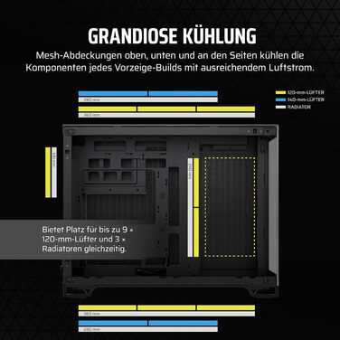 Комп'ютерний корпус CORSAIR 2500X mATX, подвійна камера, загартоване панорамне скло, підтримка інвертованої материнської плати, без вентиляторів, чорний/обсидіановий алюміній