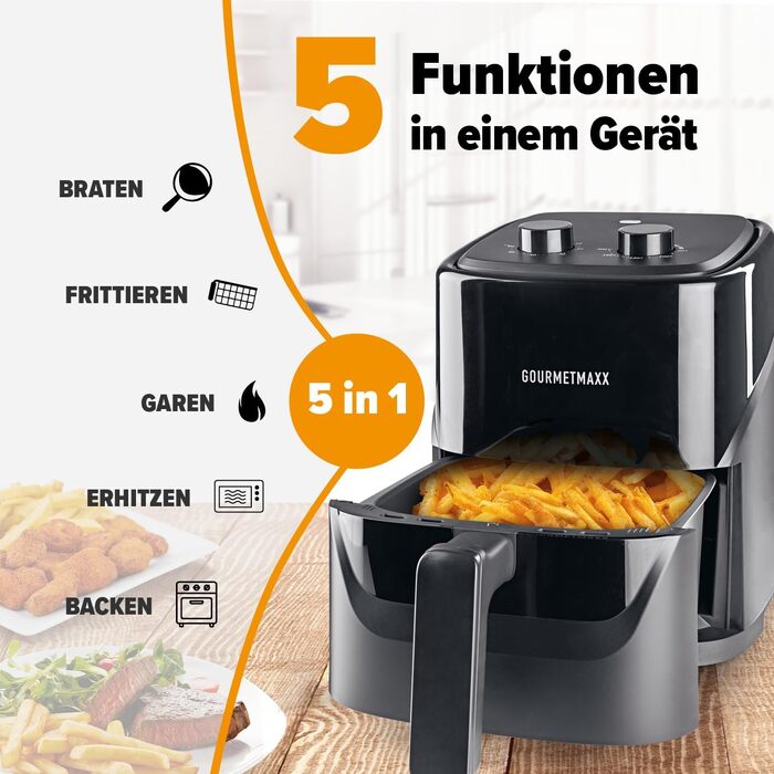 Аерофритюрниця GOURMETmaxx 3.1Л, 1350 Вт: мультифункціональна фритюрниця без олії з 6 програмами, таймером на 60 хв та функціями розморожування та підігріву