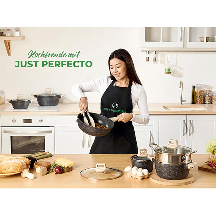 Набір каструль і сковорідок JUST PERFECTO для індукції, антипригарний, без PTFE і PFOA, 15 предметів, чорний, сковорода 24 см, сковорода 28 см, каструля 28 см з кришками