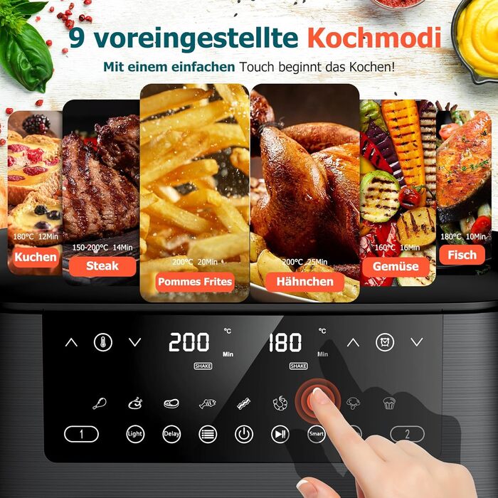 Аерофритюрниця з двома камерами та вікном перегляду 9л, Airfryer 9-в-1 з сенсорним керуванням, антипригарне покриття, для здорового приготування без олії
