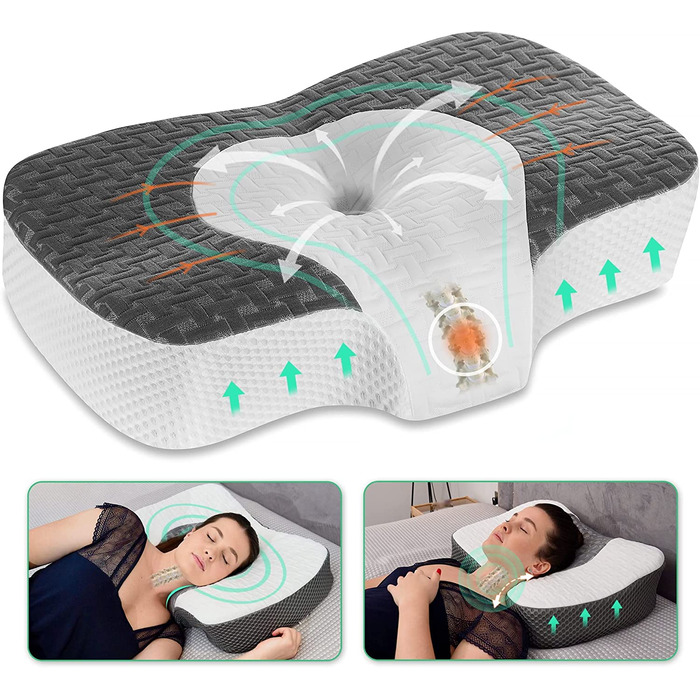 Ортопедична подушка Elviros з піни Memory Foam для шиї та плечей, ергономічна подушка проти хропіння, для сну на боці, темно-сіра 60x38,6x9,9/13,5 см