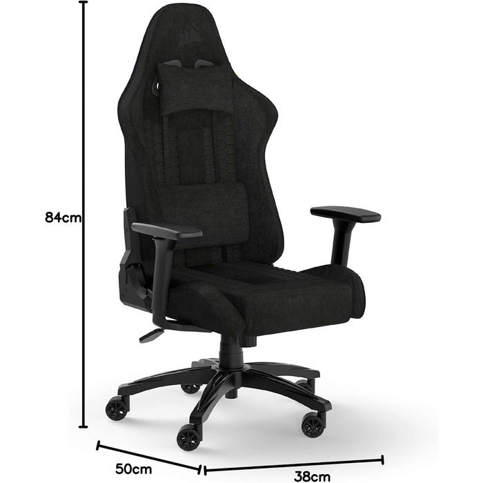 Ігрове крісло Corsair TC100 Relaxed, текстильне, чорне, ергономічне, з подушкою для попереку та знімною подушкою для шиї з memory-піни, регульовані підлокітники, стиль автоспорту