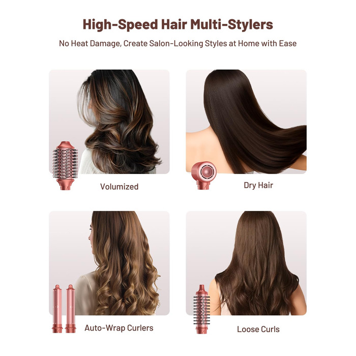 HITTIONA 5-в-1 Airstyler + Фен-щітка для волосся з іонізацією 110 000 об/хв, Автоматичний локон, Без термопошкоджень, Швидке сушіння та об'єм, Професійний стайлер для всіх типів волосся + Чохол для подорожей, Колір: Вишнево-червоний