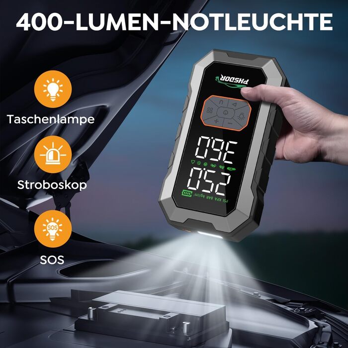 Пусковий пристрій (бустер) 8000A з компресором 150PSI та Powerbank 25000mAh для авто (бензин до 12л, дизель до 10л), з LED-ліхтарем, сріблястий