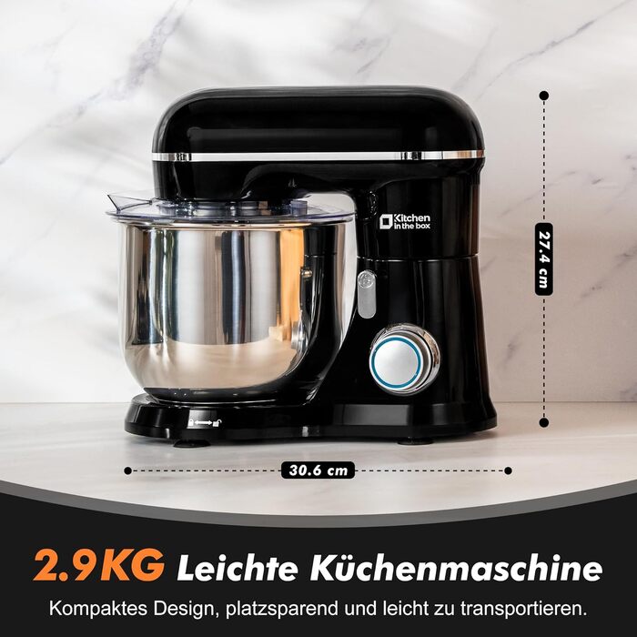 Кухонний комбайн Kitchen in the box Kompakte — планетарний міксер та тістоміс 3.5 л, 10 швидкостей, з насадками (гак, вінчик, міксер), чорний