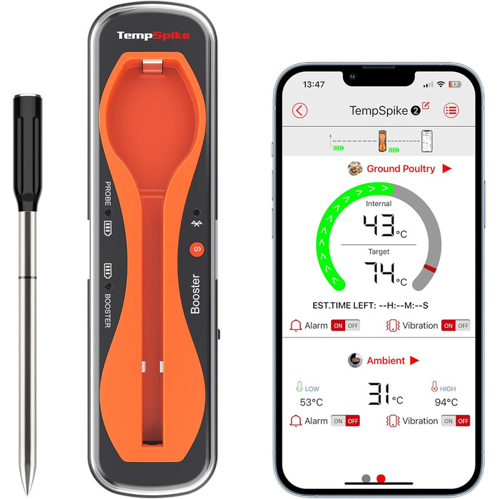 Бездротовий Bluetooth термометр для м'яса ThermoPro TempSpike, 150 м, IP67, для гриля, духовки, коптильні, фритюрниці, безпечний для посудомийки, помаранчевий