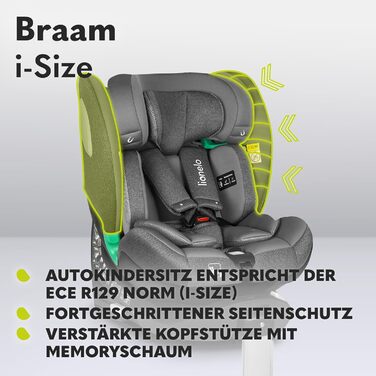 Дитяче автокрісло LIONELO BRAAM i-Size 0-36 кг, 360° обертання, ISOFIX, опора, регульовані підголівник і спинка, сіра вставка