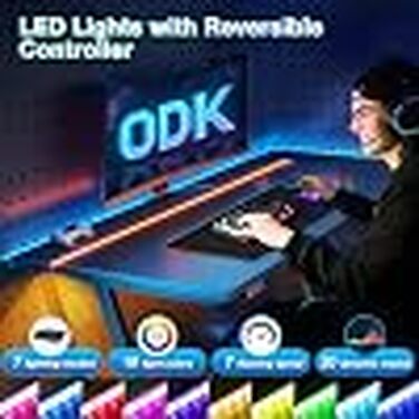 Ігровий стіл ODK з LED-підсвіткою, розеткою, підставкою для напоїв та гачком для навушників, вугільцевий стіл для ПК, Z-подібний каркас, вуглецеве покриття, чорний, 100 см