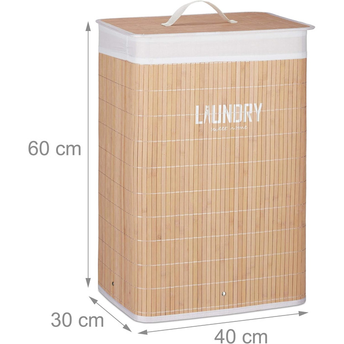 Бамбуковий кошик для білизни Relaxdays з кришкою, 60 л, складаний, прямокутний, з мішком та принтом, 60x40x30 см, натуральний