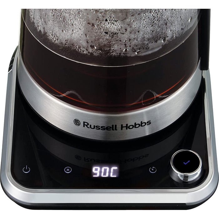 Скляний електрочайник Russell Hobbs Attentiv 26200-70 з регулюванням температури (40-100°C), ситом для чаю, цифровим керуванням та функцією підігріву, 1.7л, 2400Вт, нержавіюча сталь