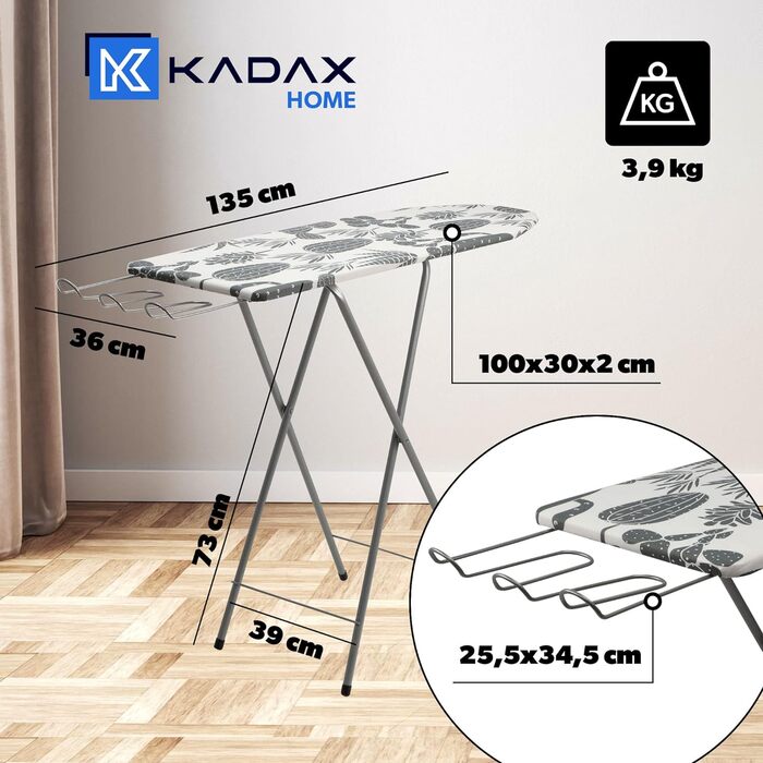 KADAX прасувальна дошка з регулюванням висоти, сталева, 100x30 см, складна, з чохлом, протиковзкі ніжки, для прасування парою, біло-сіра