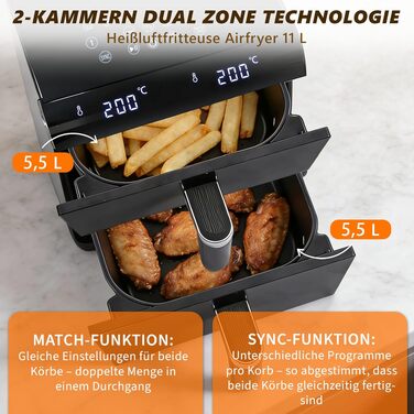 Аерофритюрниця Citybee XXL 10L (5L+5L) з двома камерами та вікном, Dual Zone Airfryer 2200W, сенсорне керування, таймер 24г, чорна