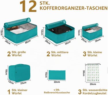 Набір органайзерів для подорожей та валізи Packing Cubes, 12 предметів, світло-блакитний — сумка-органайзер для одягу та речей у дорогу