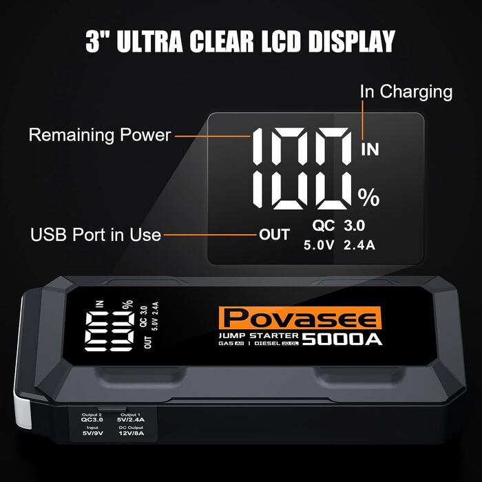 Бустер автозапуску Povasee Starthilfe Powerbank 5000A для бензинових та дизельних двигунів (до 10л), пусковий пристрій 12V з LCD-дисплеєм, USB-портами та LED-ліхтарем, сірий